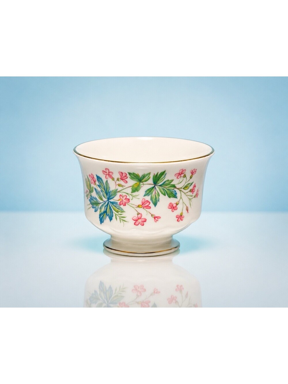 Queen Anne 1950s Orphan Cup Pink Trailing Floral Blue Leaf Bone China, 3x2.5”
